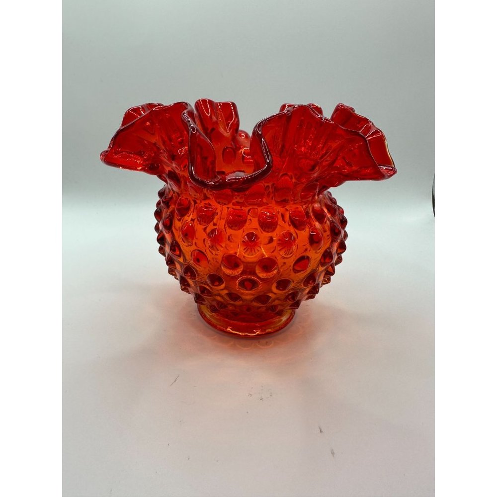 Vintage Fenton Colonial Amberina Double Crimped Ruffle Hobnail Vase 4 Inches